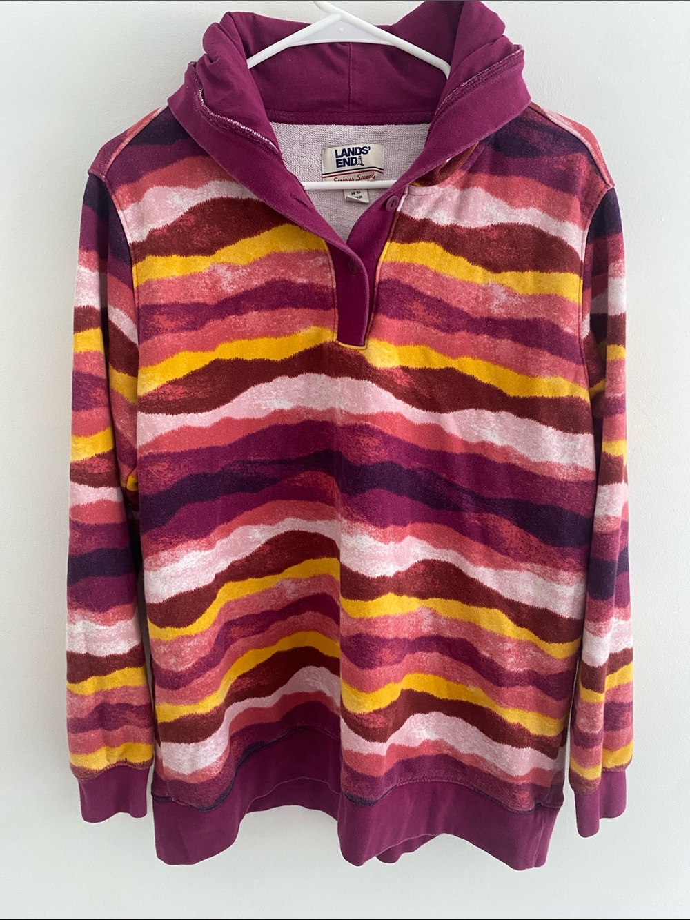 Lands End Serious Sweats Rainbow Terry Toweling Hoodie Stripe Sz LARGE